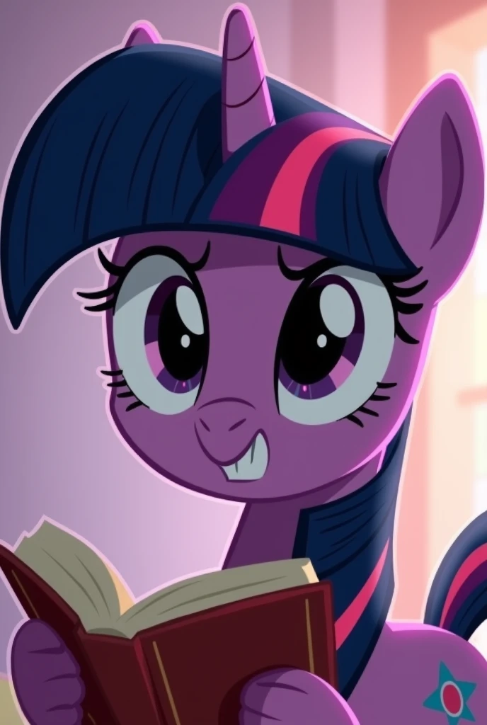  Close-up of a cartoon girl holding a book, Cool Twilight , Twilight Sparkle, dark Cool Twilight , Smirking smirk, fim static,  sneakily sneers , Confident smirk , Twilight Light,  but her expression is serious ,  plasma , Mischievous fake smile,  The morn...