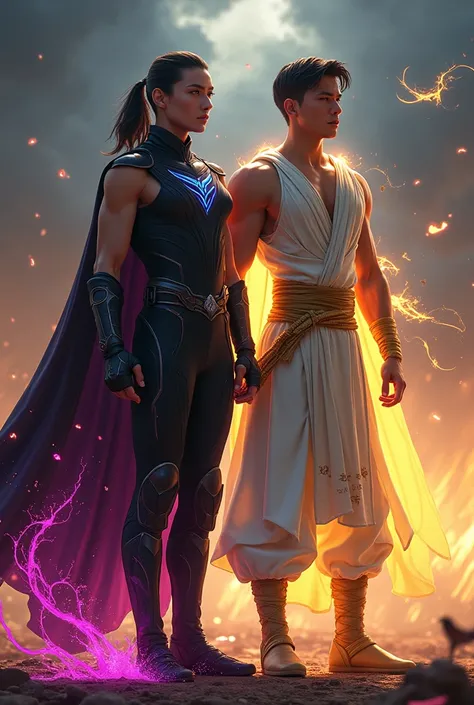 Two striking superheroes stand side by side in a dramatic, dynamic pose, set against a surreal and glowing battlefield. On the left is Nightweaver, a lean, 55" male with a dancer’s athletic build and long black hair tied in a sleek low ponytail. His pierci...