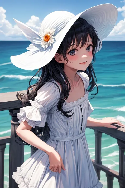 absurdres ,  1girl, ocean,  balustrade ,  white dress contest, sun hat, smile, ( realistic:0.75), (waves his hand:0.9),