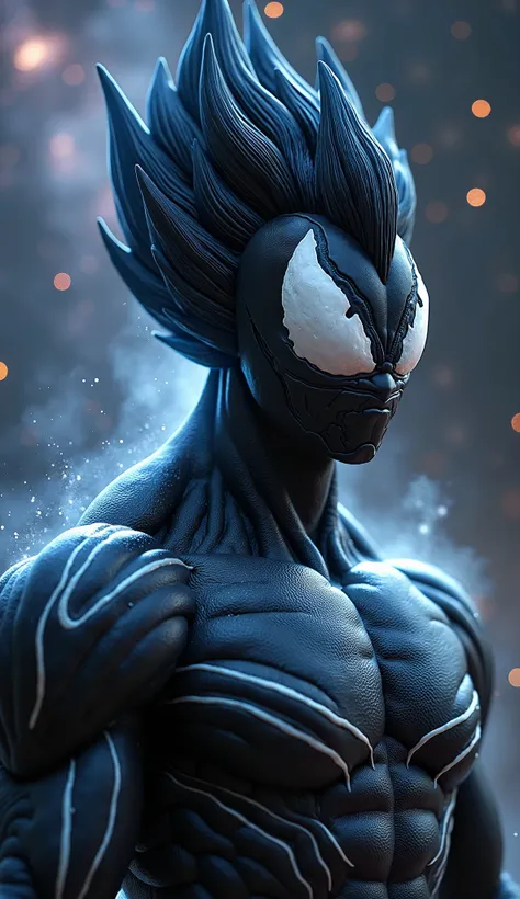 VEGETA+ VENOM. VENOM AND VEGETA HYBRID. Vegetas Body, Venoms Skin, Venoms Big White Eyes, Vegetas Hairs, Venoms White Lines On Full Body, Black, full body, Face Coved By Venom, Aura, Space, Milky Way, Realistic, Cinematic, Highly Detailed 