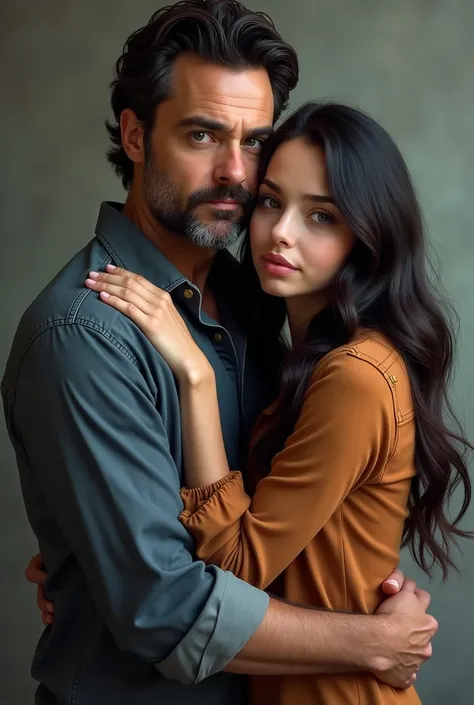 Create actor Jeffrey Dean Morgan with a 17-year-old girl who has long black hair and blue eyes. both hug each other