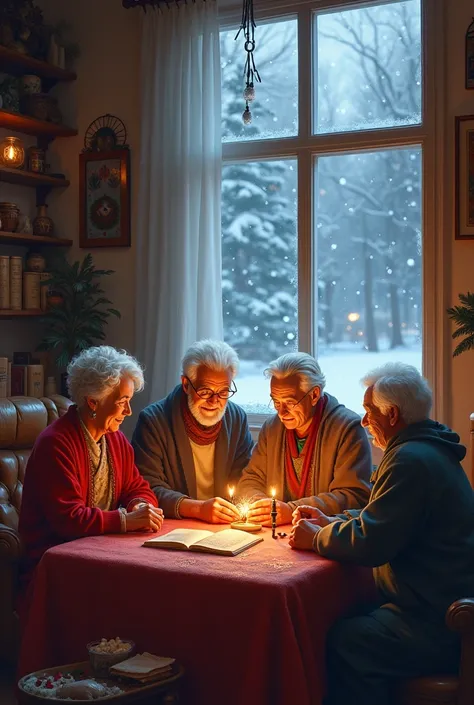 Yaldas night and the seat where all the family like grandparents around the seat and snow falls behind the window.