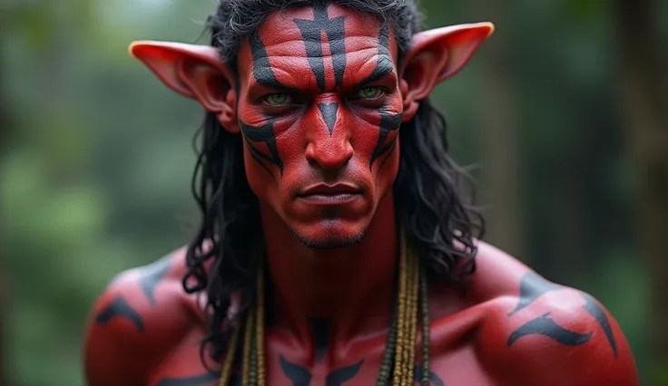 Realistic image of a Navi from the movie Full Body Avatar.  He is male , thin, high,  with defined muscles , You have red skin with black stripes on your face and body and your face is serious.