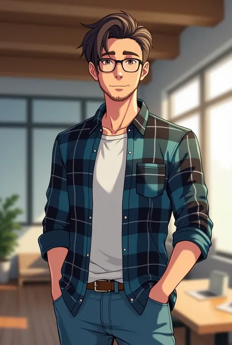 "Create a modern anime-style male character inspired by a youthful, confident personality. The character has short, neatly styled dark brown hair, light facial hair (a neatly trimmed beard and mustache), and wears rectangular glasses with thin frames. His ...