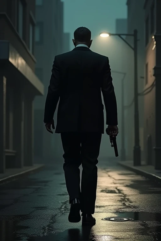 Realistic, realism, 4k, High resolution, high quality, 
A tall man in black suit walking while holding Gun in a dark street in the background,