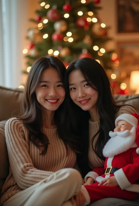  Beautiful Asian Sisters with long dark hair 。
Sitting on the couch relaxing in the room 。 Stuffed Santa while sitting at a distance on the couch。 There is a big Christmas tree in the back 。 looking at me with a smile。