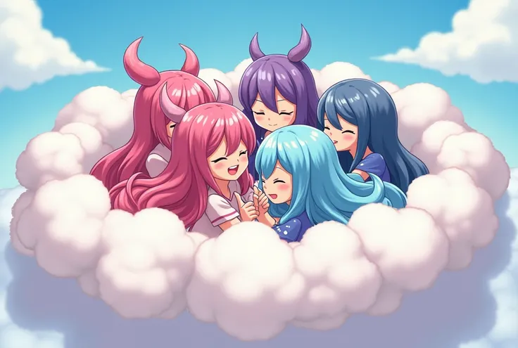 An anime-style art depicting many monster-girls playfully wrestling with each other inside a bed comical fight cloud(fairytale cloud).
each monster-girl has different  colored hair.
their faces,hands,and feet are visible emerging from the cloud as they tus...