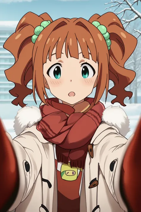 score_9, score_8_up, score_7_up, anime screencap,
 1girl, solo, Yayoi Takatsuki, brown hair, twintails, green eyes, hair ornament, looking at viewer,
looking at the viewer, open mouth, :O, pov cheek warming, pov cheek warming (meme), winter gloves, duffel ...