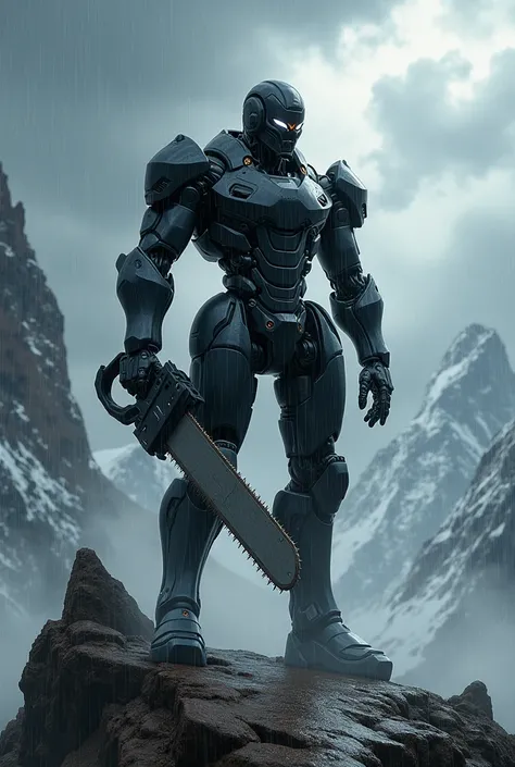 The scanner has black armor in the rain on top of a mountain with an electric saw