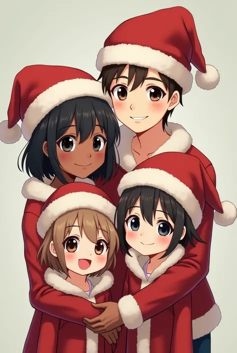  I want an anime drawing image of 4 people : primera persona:  a thin  girl with dark skin color , her black eyes ,  her black hair short to her shoulders , wearing a Christmas hat . Second person: a  light-skinned girl ,  long light brown hair ,  big ligh...