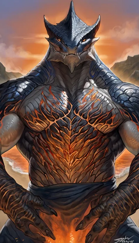 sharkman, gray belly, black and blue hands and fins, black back, solo, big arms, koholasaurus from genshin impact, lizard shark hybrid, anthro, scalie, detailed scales, proporcional body, wide chest, wide neck, marked jaw, lava imprints on body, best quali...