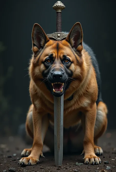 German shepherd dog , strong, muscular,  angry and with the sword of Excalibur going through his head without a persons hands