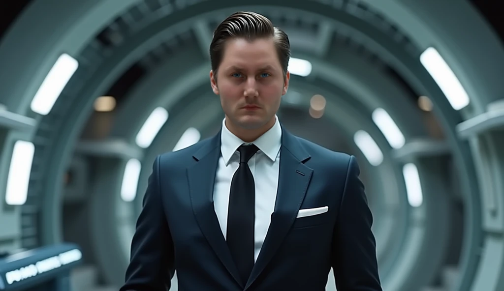 "A man in his 30s, dressed in an elegant yet futuristic suit, with slicked-back hair. He is standing in a sleek, modern setting, waiting to board a spaceship. The scene is a close-up shot, with the man looking confident and ready. The background shows a hi...