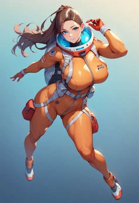 Girl, solo, full body red spacesuit, Japanese anime style, light blue lenses, beauty, big breasts, personification of among ns, blue eyes, brown hair