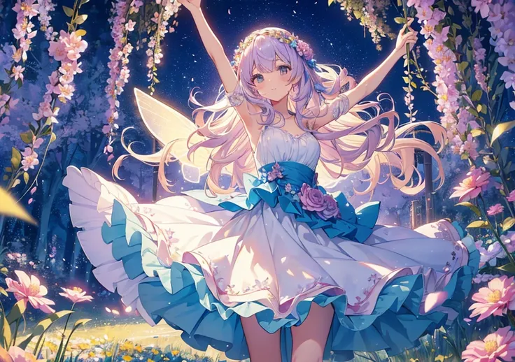 A beautiful girl dancing with flower fairies in a fairy tale worldA
beautiful girl is walking through a flower field, dancing with the flower fairies. Her dress is soft like a petal, and her hair is decorated with flower accessories. Colorful flowers are b...