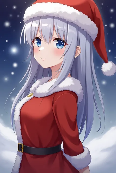 masterpiece, best quality, ultra-detailed, illustration,1girl, looking at viewer, best quality,depth of field,(closed mouth,light smile,blue eyes:1.1),beautiful detailed glow , (santa costume:1.3),(hands behind back:1.3),(arms behind back:1.3),blaze (arkni...