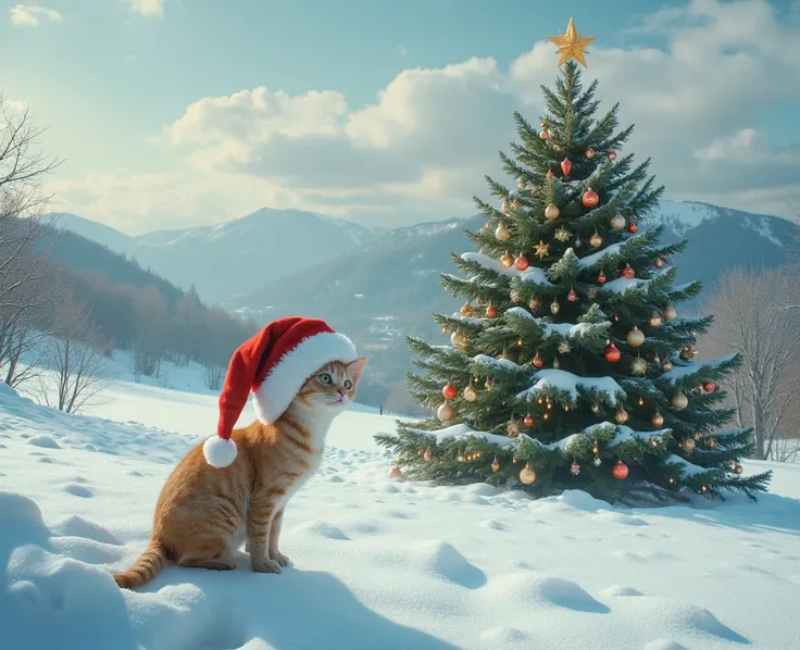 Wonderful winter landscape in the middle is a large snowy, wonderfully decorated Christmas tree. A small cat sits in the foreground,  She is wearing a Santa Claus hat with wide fur trim .