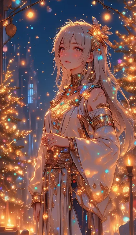 1Goddess of Man , night、 surrounded by festive elements such as illuminated Christmas trees , The goddess has a very gentle smile and wears traditional bright costumes 、 glittering jewels surrounded by festive elements such as decorated Christmas tree...