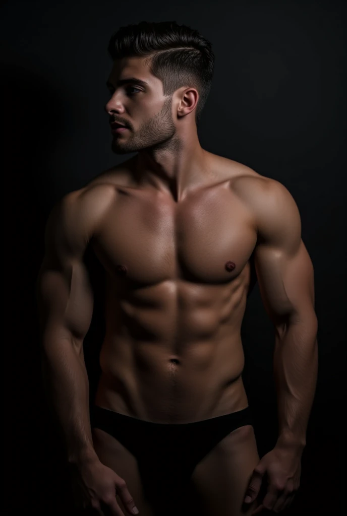 Cody Christian, muscular male, ripped six-pack abs, toned chest, big arms, handsome, high quality image, hairy chest and abs, smile, black brief, detailed face, detailed eyes, detailed lips, extremely detailed, photorealistic, 8k, masterpiece, chiaroscuro ...