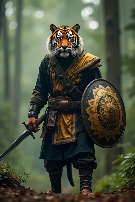 Animal: The Sumatran tiger, symbolizing courage and strength.

Warrior: A warrior dressed in black, representing traditional pencak silat attire, with a golden songket sash. He wields a kris and a shield, reflecting the rich culture of the Minangkabau.

Se...