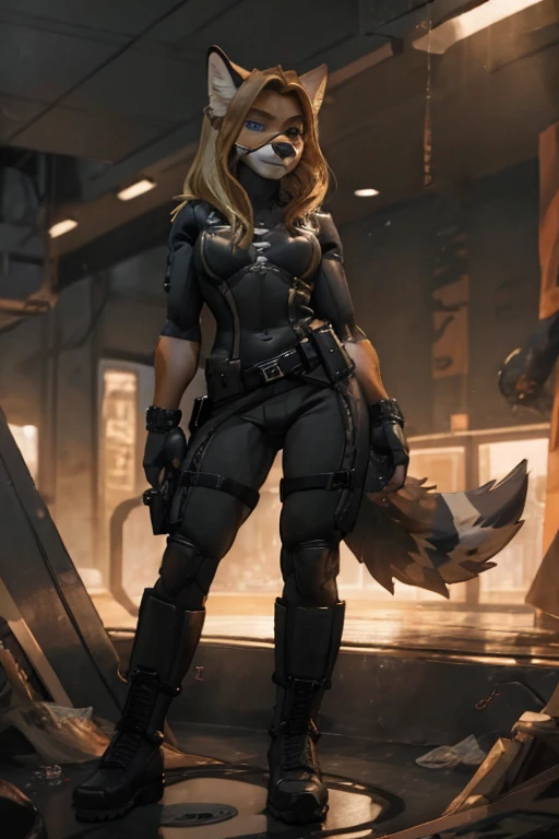 female, blonde hair, silver eyes, fox, anthropomorphic fox, blonde fur, (((1girl))), (((black tactical body suit))), (black tactical belt), (black gloves), (black knee high boots), (half frame glasses), cute and sexy, full body, modest breasts, long legs, ...