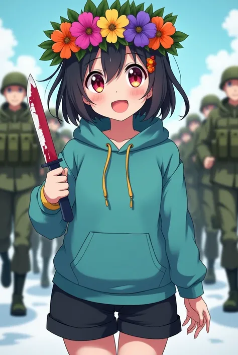 a cute yandere anime girl poster with light skin, black hair, orange hair, a flower crown with cyan, magenta, amethyst purple, yellow and orange flowers, she have a cyan hoodie, black oversized shorts, green winter shoes, one dark blue and yellow bracelet,...