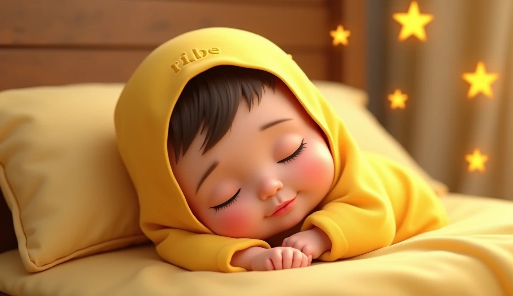 Close-up clear picture of a Muslim baby cartoon girl, baby sleeping, yellow beautiful room,cradle, shining stars,butterflies, fireflies cute 3 d render, Cute cartoon character, lovely digital painting, cute character, Cute detailed digital art, adorable di...