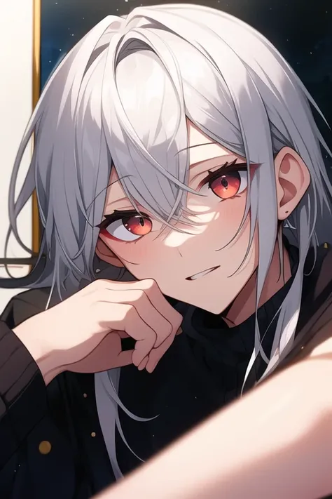 (( top quality )), ((masterpiece)), (  Details),  one boy 、White Hair、 cute、 red eyes、 Unkempt Hair 、 sexy、 silver hair, gray eyes, dark eyes, aesthetic