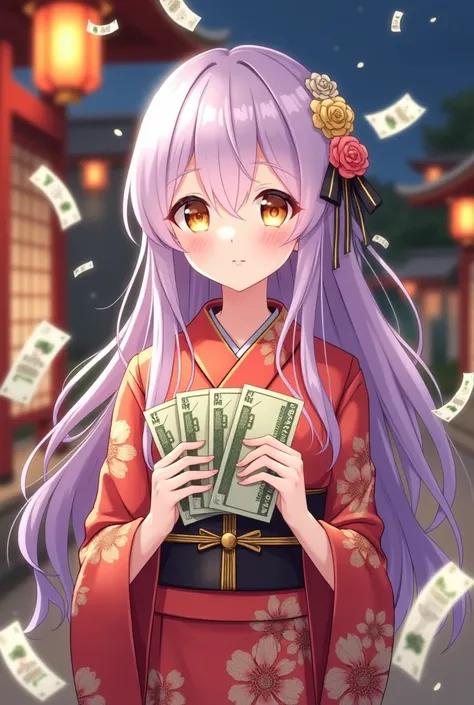  A young woman with long, lilac hair ,  with bright golden eyes ,  wearing a traditional kimono with floral prints in shades of red and gold. She delicately holds money bills ,  while around her the notes fall gently ,  with a Japanese garden setting illum...