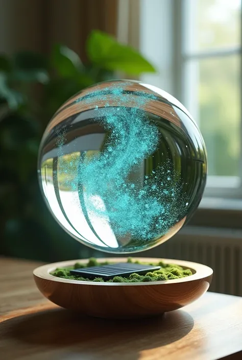 A futuristic levitating music speaker inspired by natural acoustics, designed as a perfectly smooth, glass-like sphere crafted from upcycled glass that hovers above a circular base made from reclaimed wood with subtle moss inlays. The speaker produces rich...