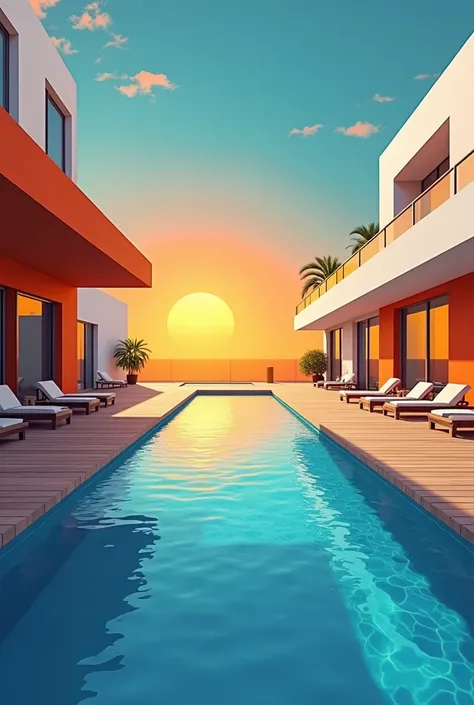 "Create a stylized digital artwork of a modern outdoor pool area featuring vibrant geometric architecture with bold orange, blue, and white tones; include clean, sharp lines and a symmetrical perspective, showcasing a wooden deck and a rectangular pool lea...