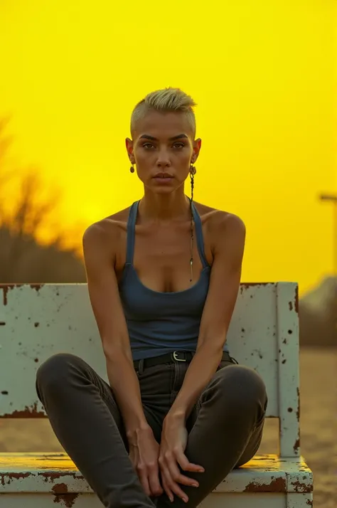 a portrait of a beautiful woman with very short hair, with the side of her head shaved against a yellow sky background in an apocalyptic setting. She is sitting on a white bench. The panel photo is from a low-angle wide-angle lens