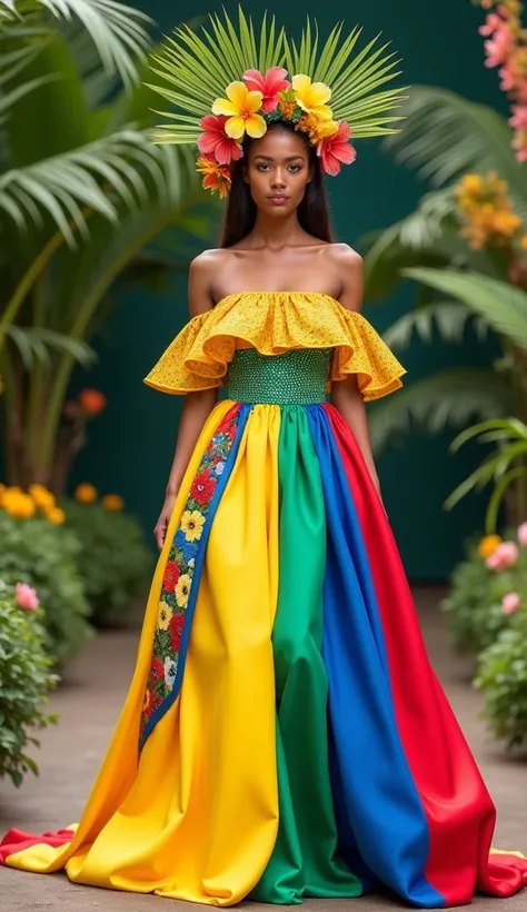 "A vibrant couture gown inspired by Colombian culture, featuring bold yellow, green, blue, and red panels symbolizing the national flag. The dress is intricately embroidered with colorful floral patterns, representing tropical biodiversity. The off-shoulde...