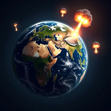 Create a picture of our Earth with a view from space. On Earth you can see several atomic bombs falling in different countries. More rockets are flying over the earth and are about to hit. The image should be square.