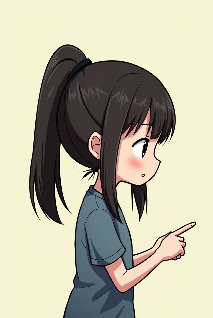 The young girl in the comic strip has a ponytail hairstyle. This hairstyle is characterized by the hair being tied back into a single, long tail that hangs down the back. The ponytail is a common hairstyle for girls and women, as it is practical, easy to m...