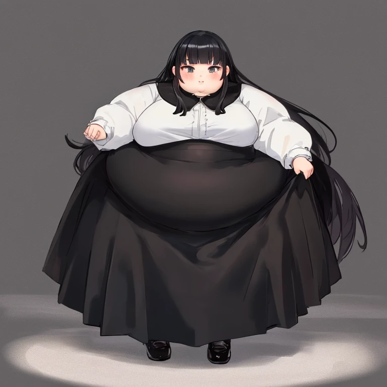 masterpiece,  best quality,Advanced Details,  long black hair ,  One Girl ,Excessive obesity,  The whole dress completely covers the body.、(white long sleeve dress clothes with collar gothic )、 high neck shirt、 Long Skirts, full body 、