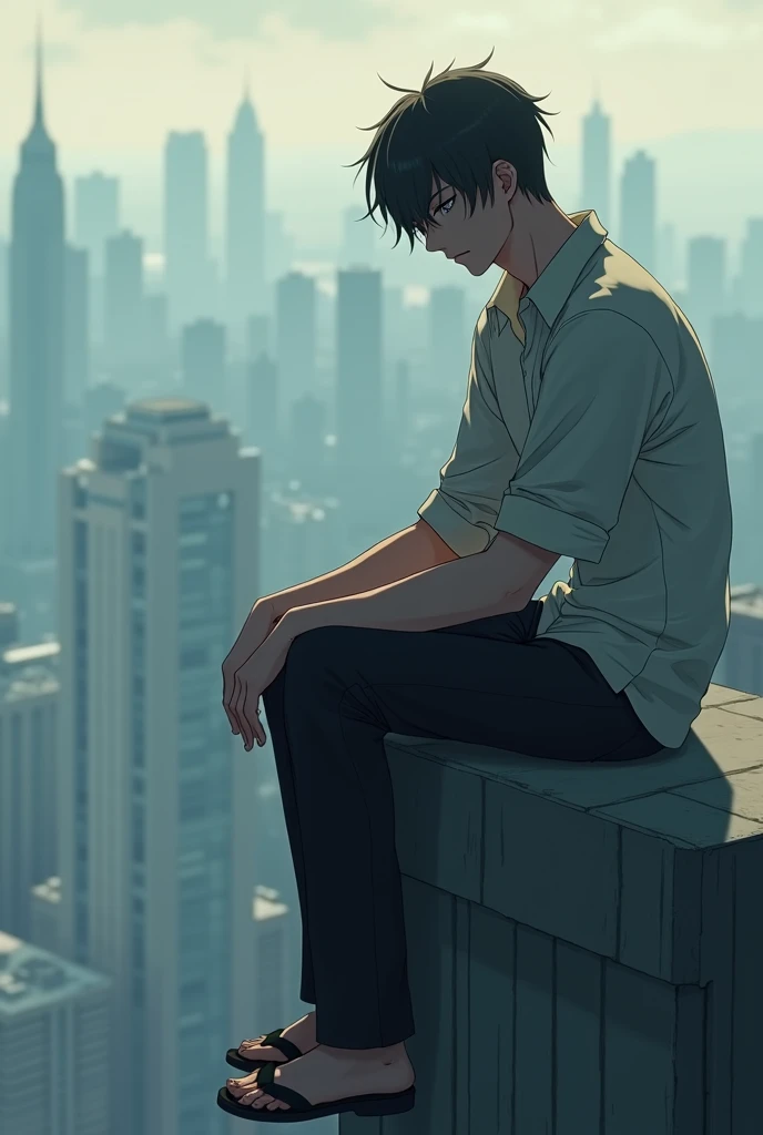 Create a picture of a man sitting very sad on a building. Anime lines. Handsome men