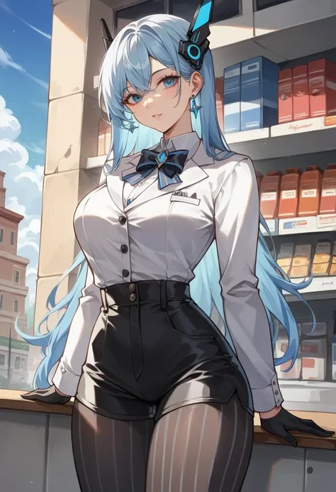 very aesthetic, best quality, nsfw, Very beautiful woman, light blue hair, blue eye, (Very exquisite beautiful face and eyes), hair ornament , head gear, (White blazer , black short shorts, vertical-striped pantyhose , Black gloves, ), front of a shop wind...