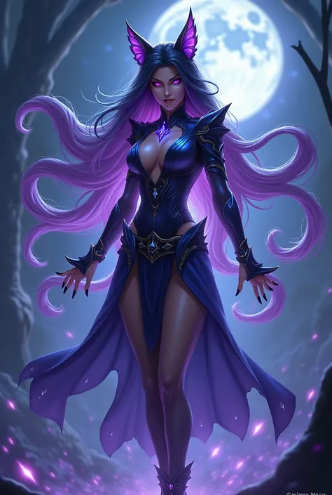 A fusion of the League of Legends characters Ahri and Evelynn, forming a mystical and seductive female figure in full body. She has nine ethereal tails with shimmering shades of purple and blue, long hair with black and lilac highlights, and intense eyes t...