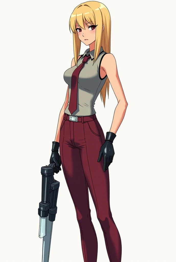 drawing in the style of Ghost in the Shell 2015, colored sketch design, (blonde hair), standing character design, slim with a thin waist, experienced female special agent with wine-colored eyes, emo-style blonde hair with bangs and long at the nape, tight ...