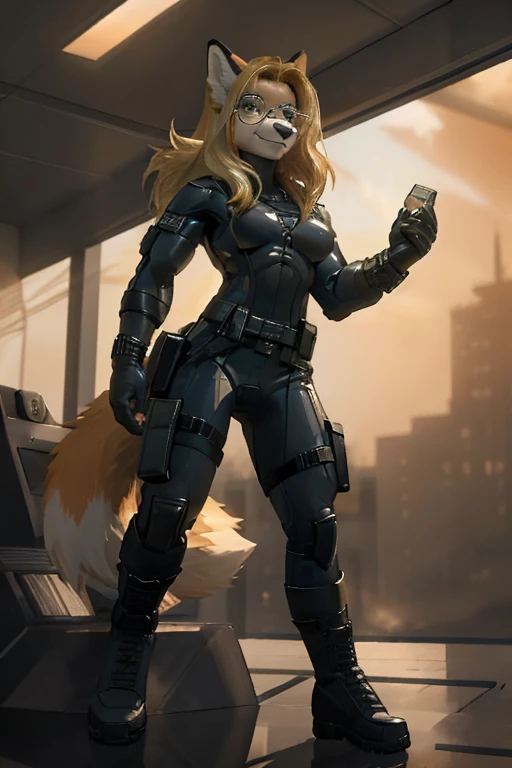 female, blonde hair, silver eyes, fox, anthropomorphic fox, blonde fur, (((1girl))), (((black tactical body suit))), (black tactical belt), (black gloves), (black knee high boots), (half frame glasses), cute and sexy, full body, modest breasts, long legs, ...