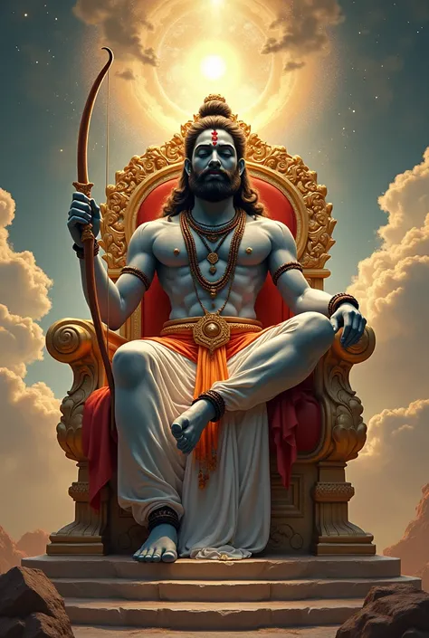 god vishnu sitting on his throne, with a long bow in his hand, gently rests his head on top of his bow