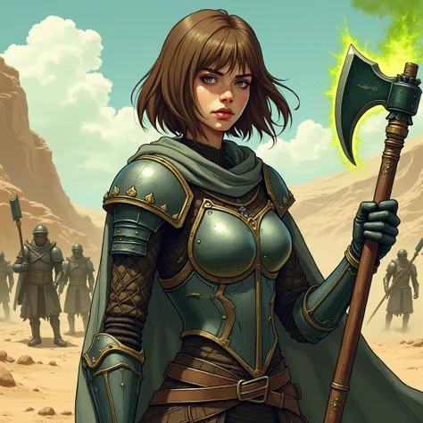  A young woman with brown hair ,  her hair is straight and short ,  wears armor made of bronze and black metal ,  she has a gray cape ,  her skin is tan ,  has a mask that covers only her mouth and nose ,  in her right hand she holds an axe with a short ha...