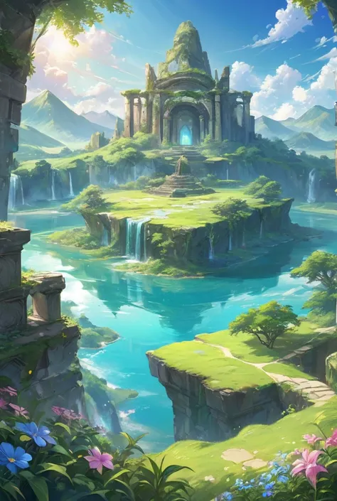 (Fantasy world),　(Tower),

A breathtaking natural landscape featuring majestic mountains under a clear blue sky, with fluffy white clouds scattered throughout.

"Lush green valleys in the foreground, a serene lake reflecting the mountains, and wildflowers ...