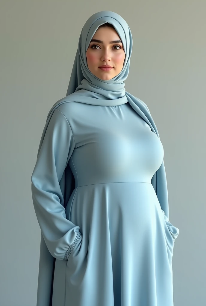 (photorealism:1.2), Young 21 yo arab woman, cute face, hazel almond eyes, hourglass figure, (Gigantic breasts), (narrow waist), (hourglass figure), (small waist), (very wide hips), (thick legs), (thicc), (wearing light blue abaya), (long loose hijab to cov...