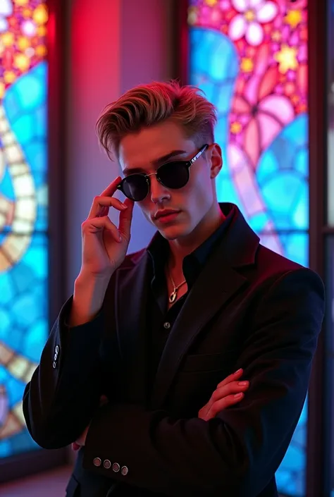 Young Swedish man holding sunglasses on his face and one arm crossed, background with stained glass and neon lighting