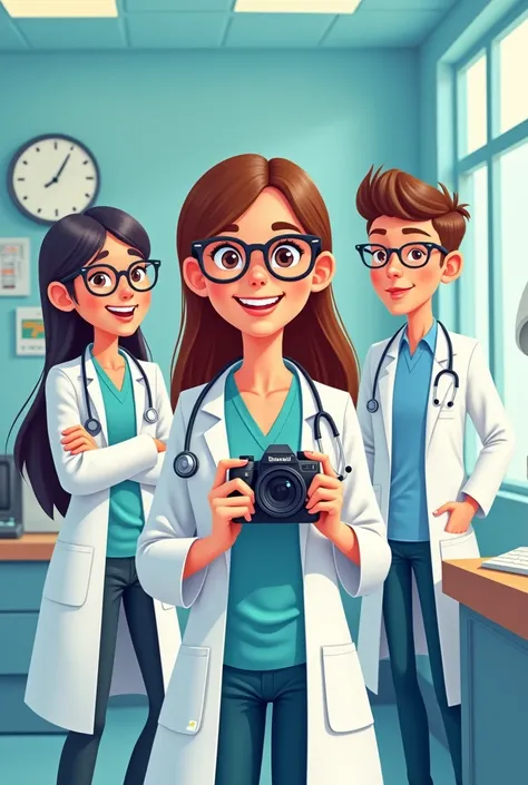 3Doctor 1man with glasses 2 women. one women with glass taking picture . cartoon picture