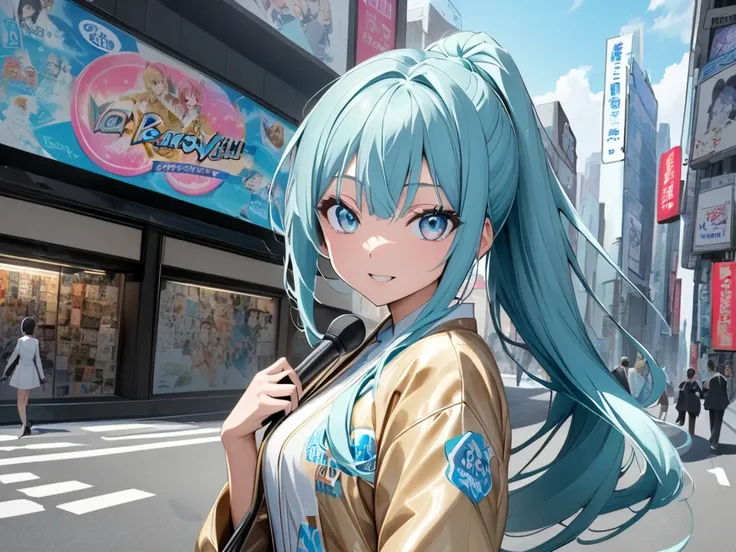 A wide street in Shinjuku, advertisements, an advertisement screen showing an anime woman, long turquoise hair, a ponytail, turquoise eyes, a gold and white kimono, holding a microphone.