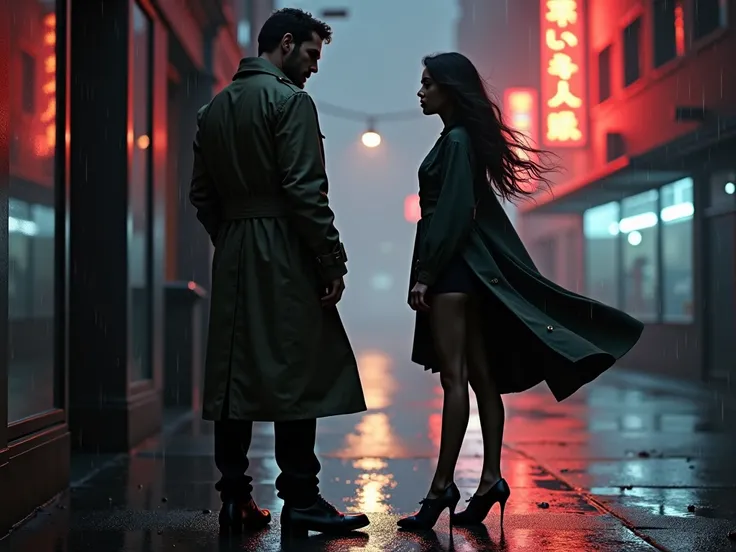 The girl and the man standing in the rain,the guy wears a trench coat,the girl is sexy and wears a dress with a trench coat too