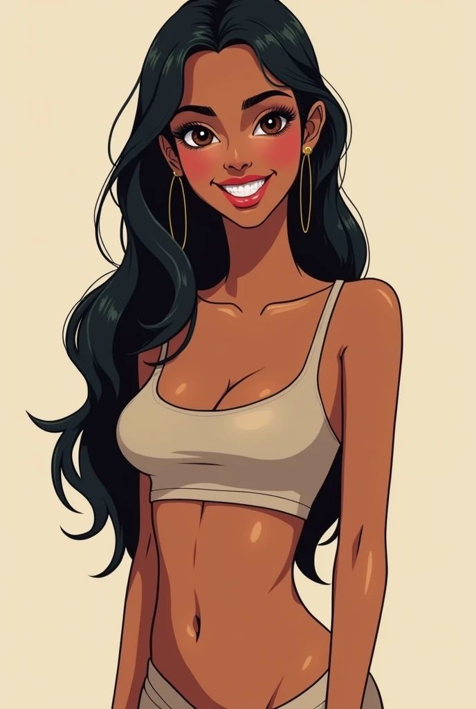  Hello create a cartoon . Of a woman who measures 1 . 64 cm she is brown ,  black hair long to the waist, Big legs ,  wide hips ,  brown eye color ,  large bust and narrow waist ,  Beautiful teeth,  upturned nose 